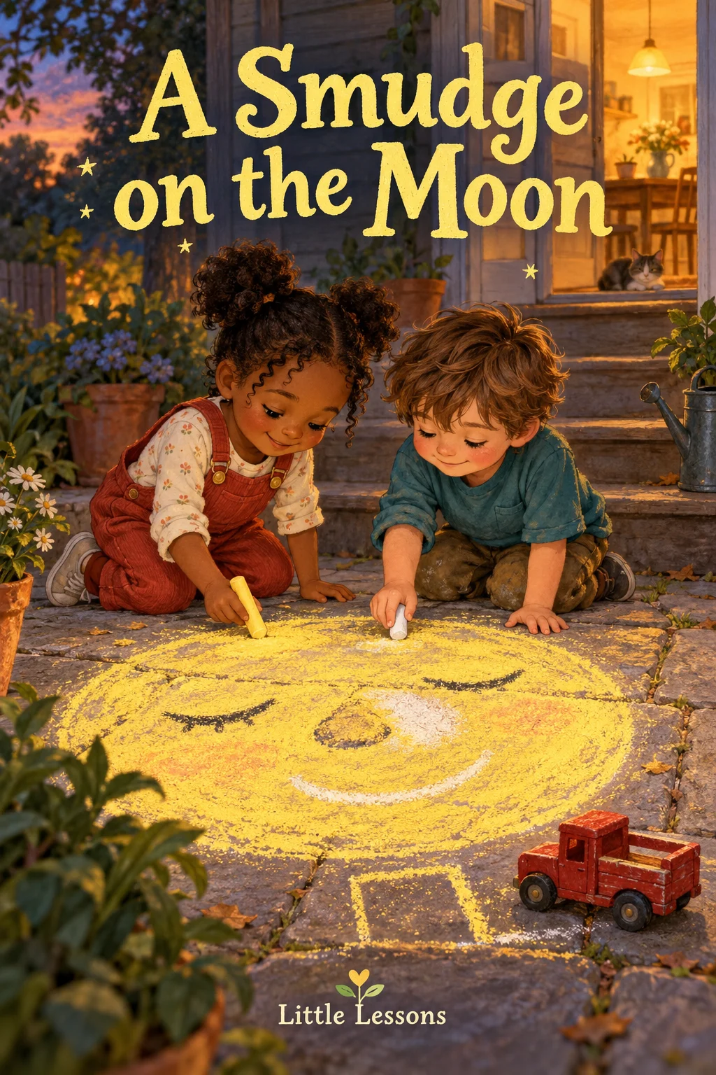 Cover of A Smudge on the Moon: Nia and Ellis kneel beside a large yellow chalk moon on paving stones at dusk. They draw with yellow and white chalk, with a red toy truck nearby and warm light shining from the back door. Little Lessons.