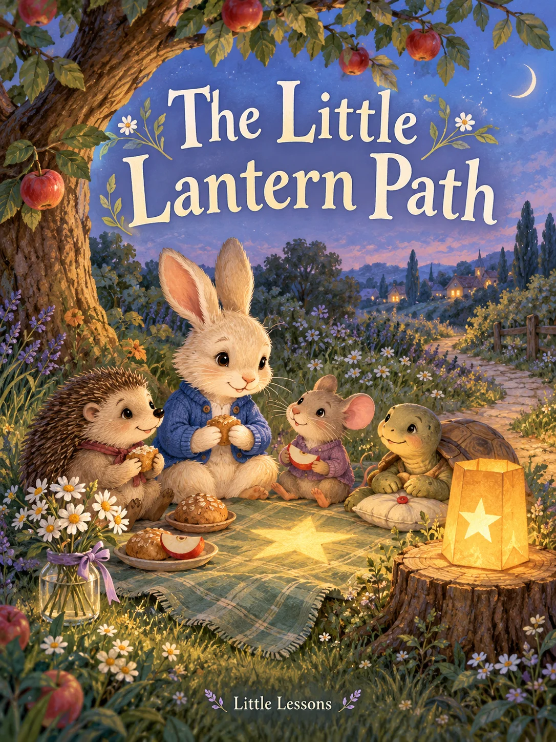 Cover of The Little Lantern Path: Mallow Rabbit in a blue cardigan shares a picnic with a hedgehog, mouse and tortoise beneath an apple tree. A honey-colored lantern casts a star onto their green cloth. Little Lessons.