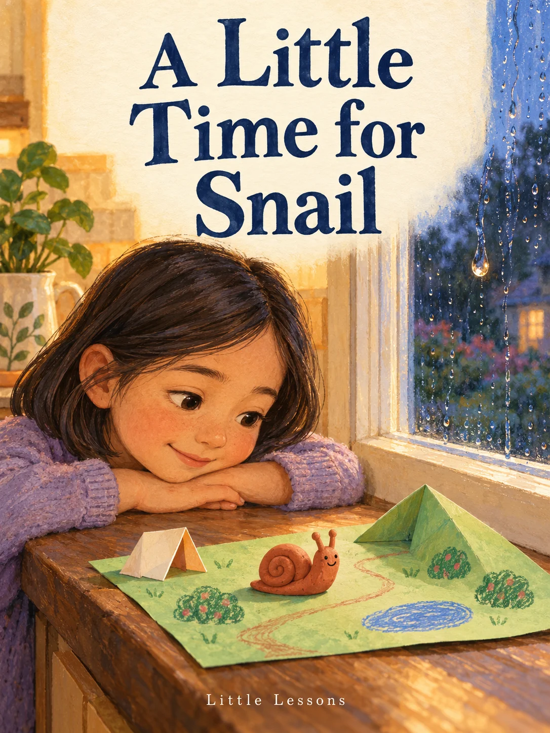 Cover of A Little Time for Snail: Nora rests her chin by a kitchen window, watching her small clay snail in a folded paper garden with a hill, tent house and drawn blue pond. A raindrop catches the warm light. Little Lessons.