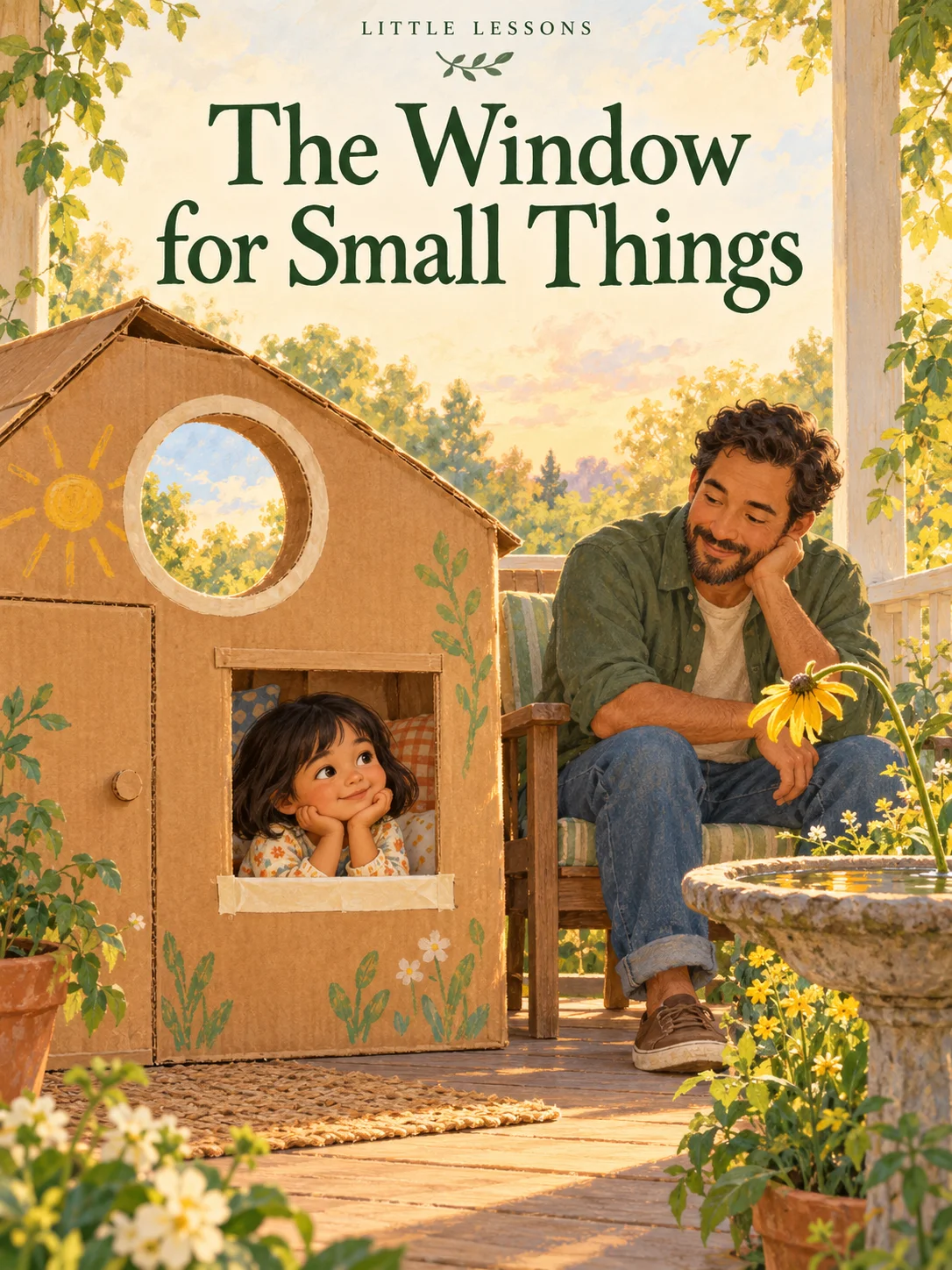 The Window for Small Things cover: Tess looks through the low square window of her cardboard house while Dad sits outside beside her. A round window sits above, and a yellow flower bends over a birdbath.