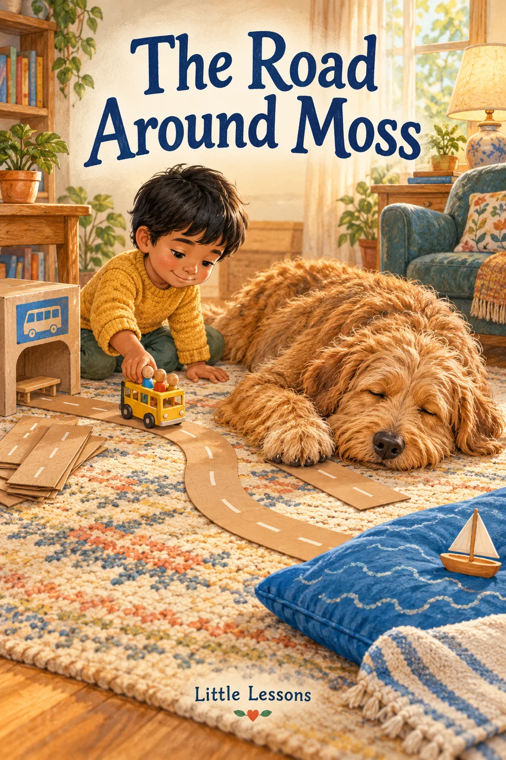 Cover of The Road Around Moss: Timo guides a yellow toy bus along a curved brown paper road around a resting shaggy dog. The road leads from a cardboard station toward a blue cushion sea in a warm sitting room. Little Lessons.