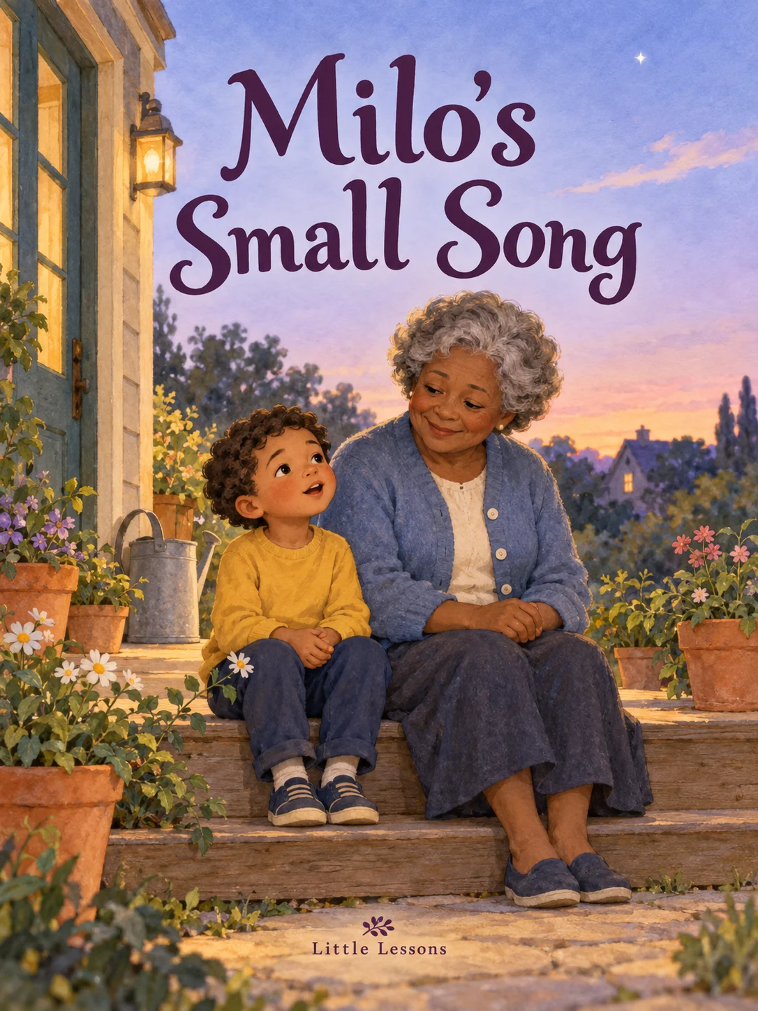 Cover of Milo's Small Song: Milo sings beside his grandmother on a porch step at dusk. Flowers surround them, a watering can rests by the door, and a star shines above. Grandma wears a blue cardigan with round buttons. Little Lessons.