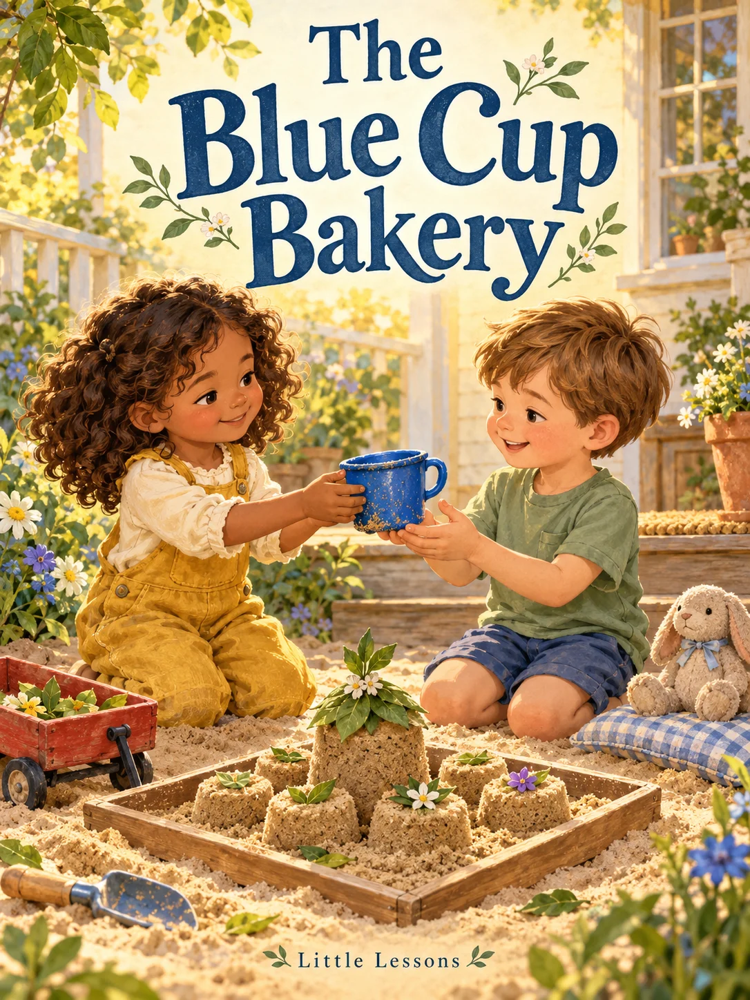 Cover of The Blue Cup Bakery: Ada offers a blue handled cup to Ben beside a porch. Sand cakes topped with leaves sit on a wooden tray, with a toy wagon and plush rabbit nearby. Little Lessons.