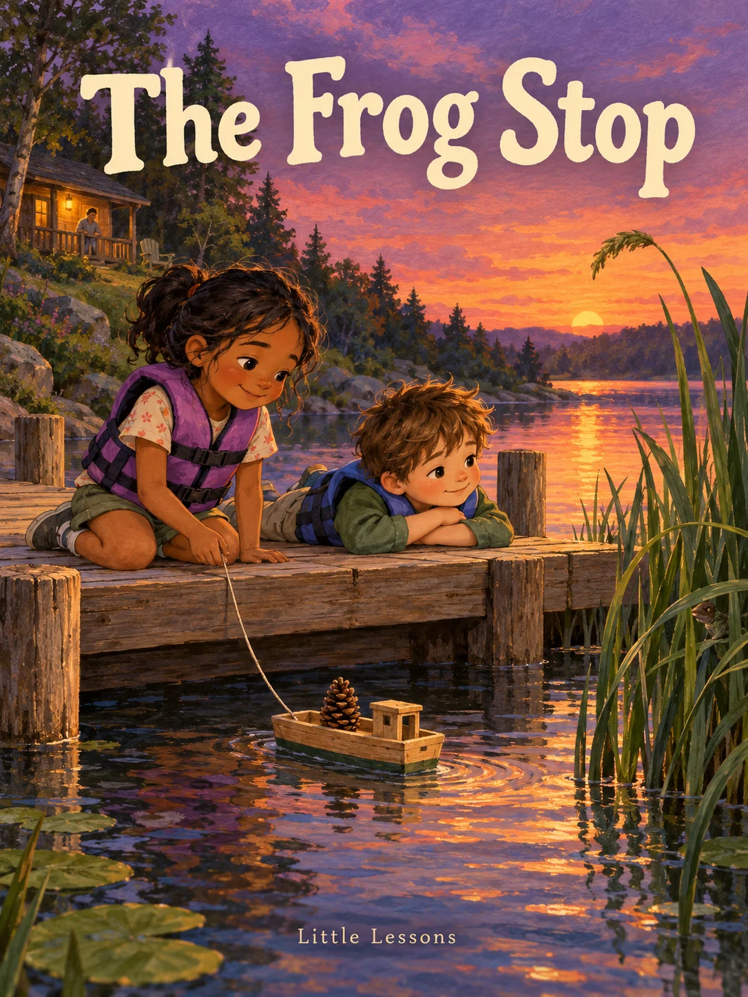 The Frog Stop cover: Wren holds a string leading to a wooden toy ferry carrying a pinecone. Bram listens beside her on a lake dock at sunset, near tall reeds. Both children wear life vests. A cabin glows in the background.