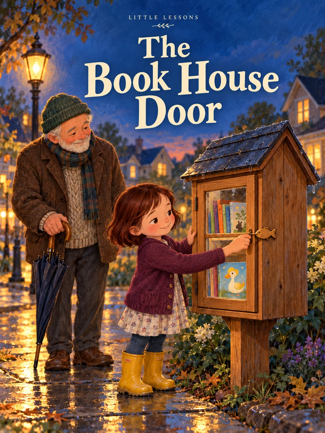 The Book House Door cover: Edie closes the fish latch on a little wooden book-sharing house at dusk. Grandpa stands beside her with a closed umbrella, and a duck picture book rests on the lower shelf.